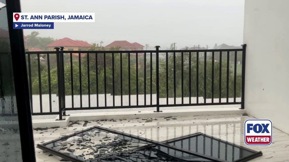 Powerful winds from Melissa sucked out two glass doors on a home in St. Ann Parish, Jamaica, causing them to come crashing down and shattering the glass.