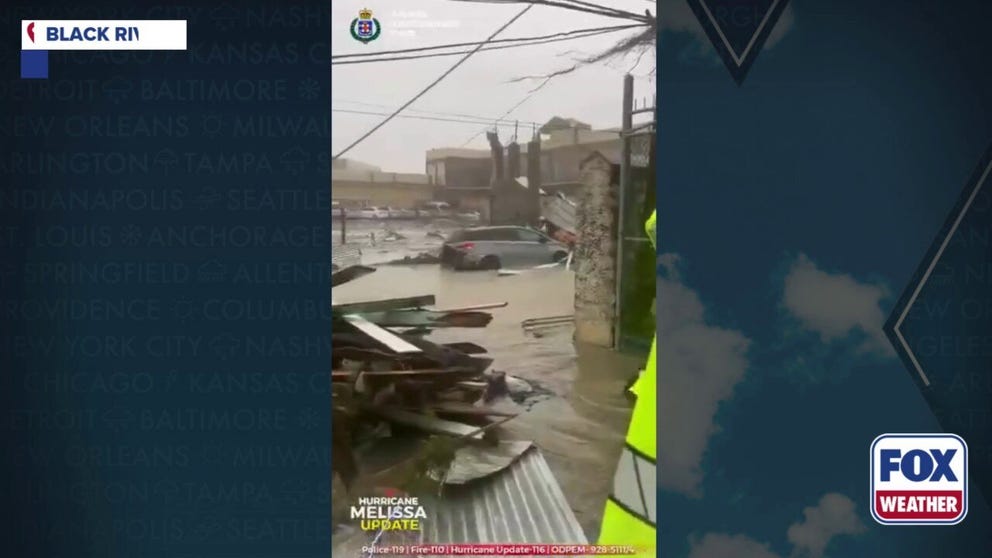 A video shared by the Jamaica Constabulary Force shows residents seeking shelter at a police station in Black River as Hurricane Melissa was ravaging the region on Tuesday, Oct. 28, 2025.