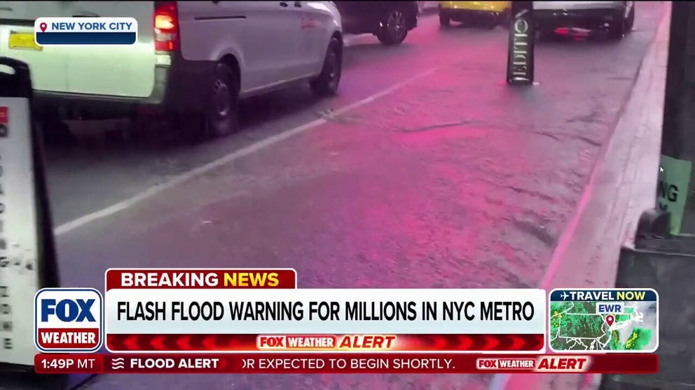 New York City streets are filling with water as moisture from Hurricane Melissa drenches the Big Apple on Thursday.