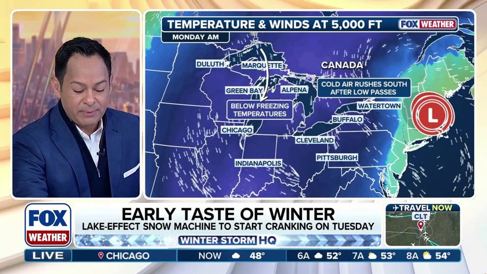 Winter will make an early appearance in the Eastern U.S. beginning Sunday. Temperatures will plummet into the 20s and 30s and an area of low pressure will bring the first snow to many places around the Great Lakes in the Upper Midwest and Northeast.
