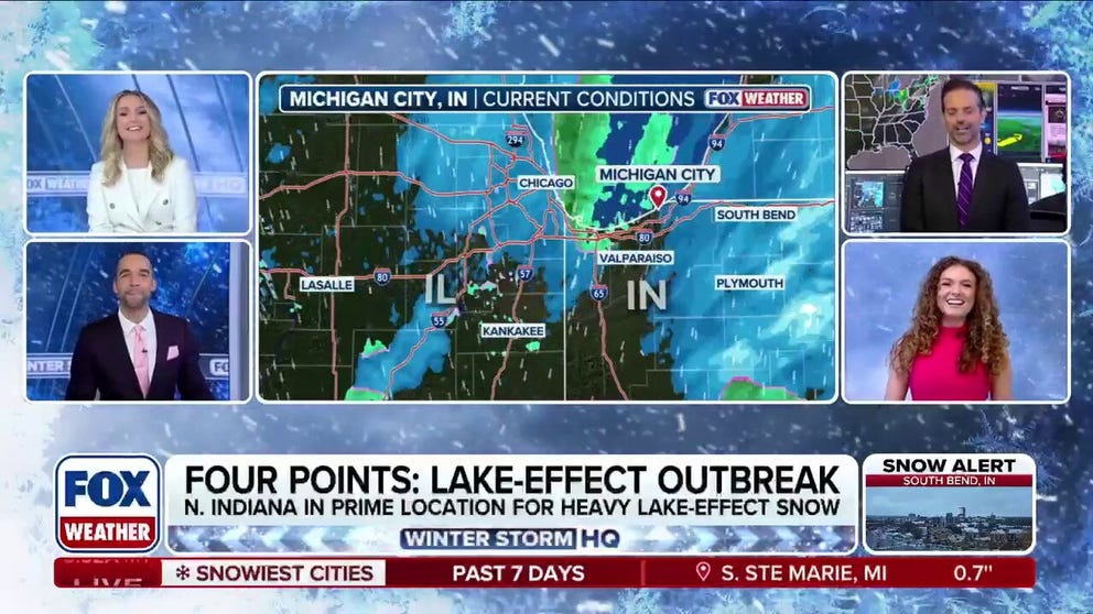 FOX Weather Meteorologists Haley Meier, Michael Estime, Nick Kosir and Bayne Froney discuss the lake-effect snow outbreak ongoing around the Chicago area and the Great Lakes. Who will see the most snow? Hear what they have to say: