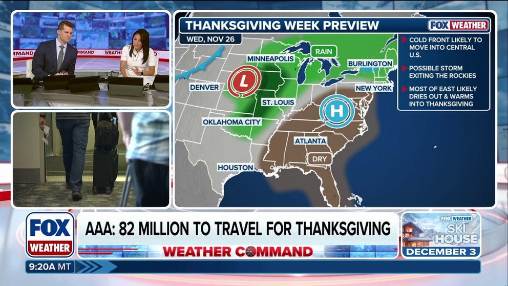Two storms loom over next week's Thanksgiving holiday with the potential to cause delays during the busiest travel period of the year, when close to 82 million Americans are expected to take to the road, rail or sky. The first storm system is expected to develop next Monday, Nov. 24, and bring rain to the southern Plains as it tracks into the Southeast and potentially the mid-Atlantic or Northeast through Tuesday. Meanwhile, an area from Missouri to Texas will likely see some rain on Wednesday into Thanksgiving Day, with the potential for snow where colder air is able to take hold. 