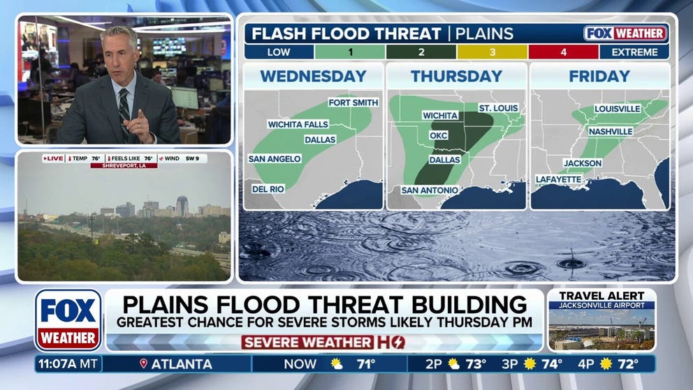 Wednesday through Friday offer a chance for flash flooding and severe weather from Texas to Missouri. The worst of the weather is expected Thursday into Friday morning, with a level 2 flash flood threat in place.