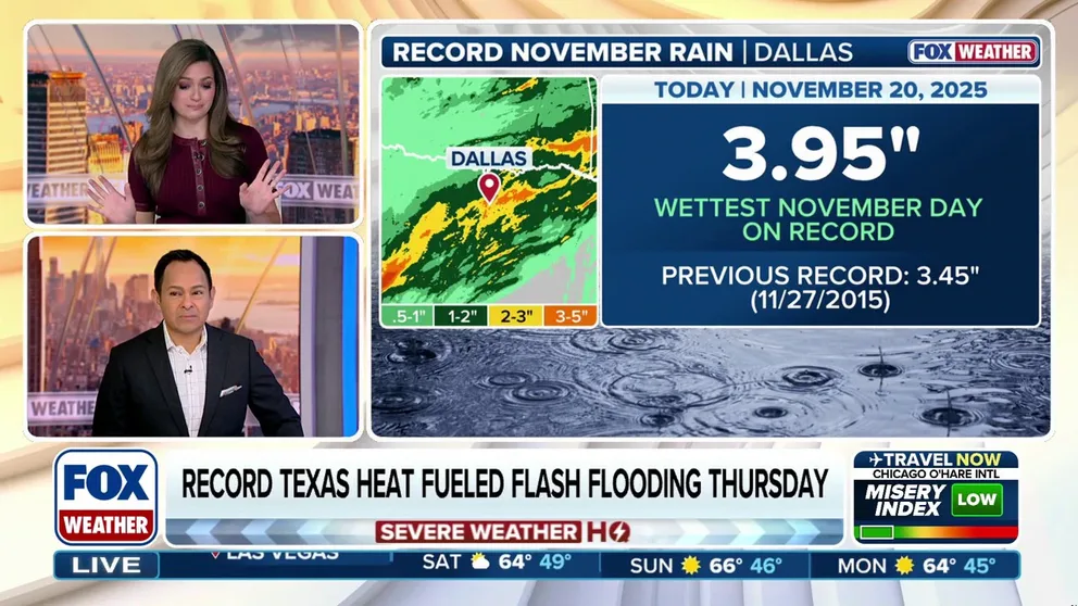 A few scattered showers lingered Friday morning across parts of Texas after parts of the Texas Hill Country saw extensive flooding occur in a very short amount of time, prompting the National Weather Service to issue a Flash Flood Emergency. Dallas also saw historic rains when Dallas-Fort Worth Airport (DFW) reported 3.95 inches of rain on Thursday. This now marks the wettest November day on record.