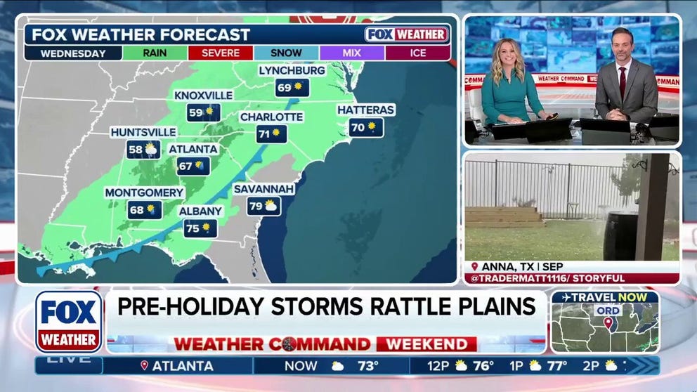 Rounds of slow-moving storms starting in Texas and working their way through the Plains and into the Northeast will bring heavy rains and flash flooding through the early part of this week, with the possibility of disrupting Thanksgiving travel plans. 