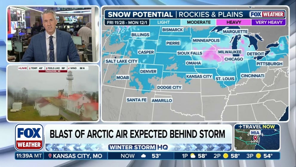 A major winter storm set to bring snow to the Rockies and Plains starting Friday through Monday is likely to halt travel plans for millions of people returning home from the Thanksgiving holiday.