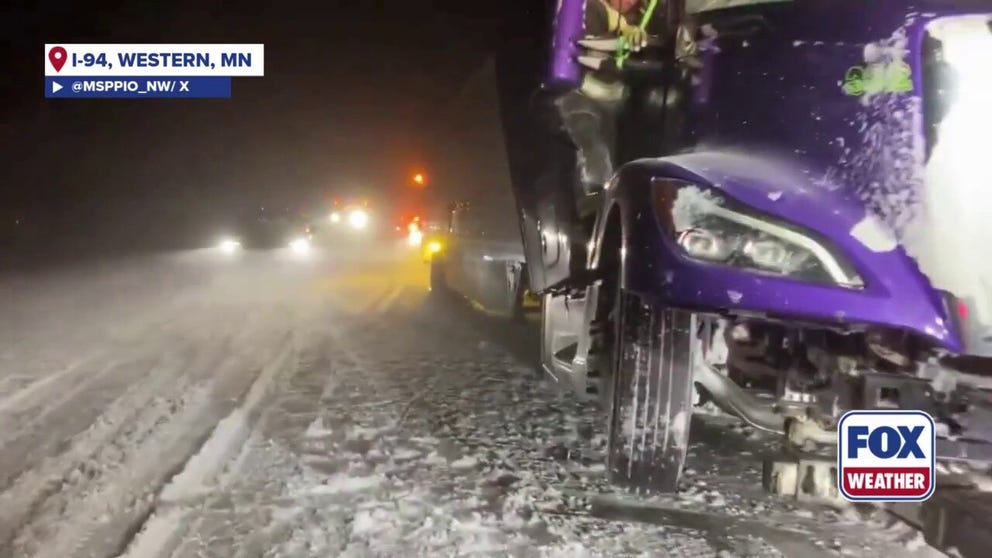 A fast-moving winter storm shut down part of Interstate 94 in Minnesota Tuesday evening into the overnight hours Wednesday after snow caused several crashes and several caused semitrucks to jackknife. 