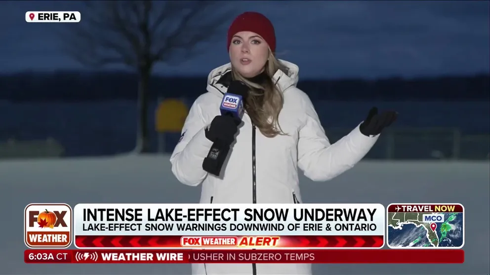 Lake-effect snow has already caused blizzard conditions in parts of Wisconsin, Minnesota and the Upper Peninsula of Michigan. Parts of Ohio, Pennsylvania and western New York could also potentially receive over a foot of snow downwind of Lakes Erie and Ontario. Katie Byrne is in Erie, Pennsylvania with the latest:
