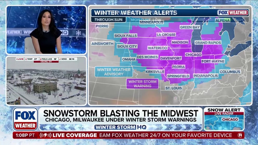 Heavy snowfall has been reported across the Midwest on Saturday as a winter storm pummels the central part of the country. Airports in Chicago have reported more than 900 flight cancellations so far on Saturday and snow-covered roads are leading to dangerous travel conditions in Illinois, Iowa, Missouri and Wisconsin. 