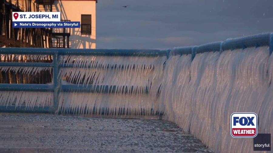 Watch: Thick Icicles coat Lake Michigan pier as arctic air rattles the Great Lakes