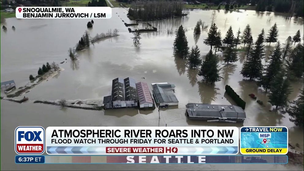 A powerful atmospheric river is roaring in the Pacific Northwest and is continuing to slam the region. Major flooding from the Snoqualmie River inundated several areas adjacent to the river in Fall City, as the powerful atmospheric river is expected to continue to soak the region.