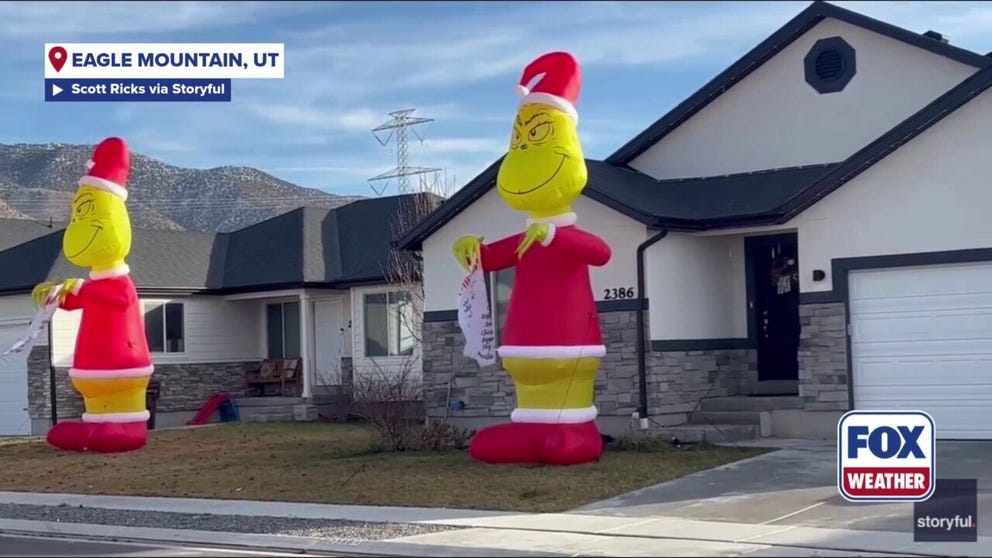 More than 80 identical giant inflatable Christmas lawn decorations took over a Utah neighborhood ahead of the holiday.