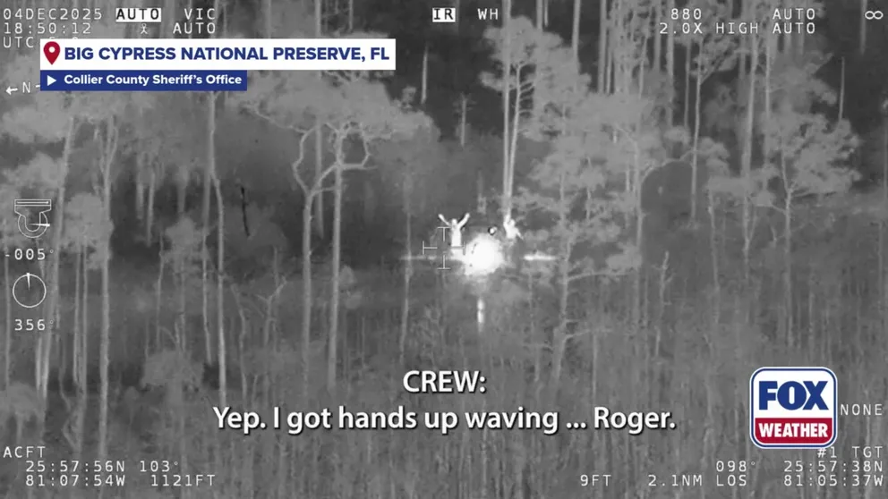 DARING RESCUE: A father and son were airlifted to safety after their ATV ran out of gas and left them stranded deep in the Florida Everglades.