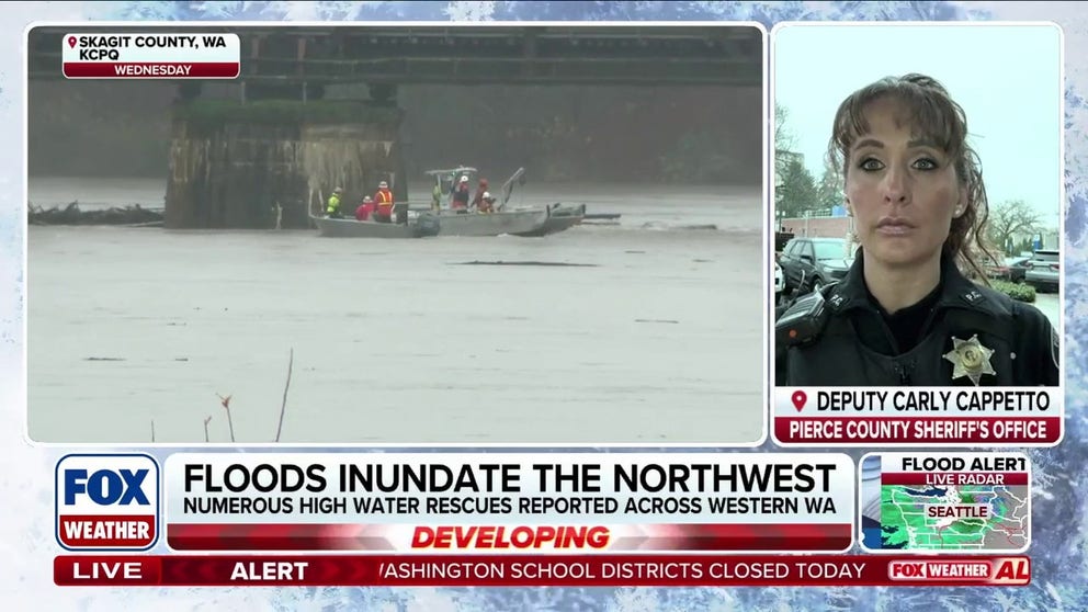 Emergency response teams are working hard to get people to safety as an atmospheric river causes rivers to reach major flood stage across Washington state. Pierce County Sheriff's Office Deputy Carly Cappetto joins FOX Weather to give an update on operations as water rescues are still ongoing and homes around the Carbon River are submerged. 
