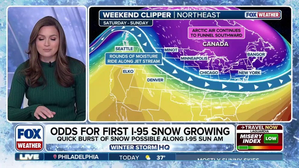 A widespread 1-3 inches of snow is expected from Indiana through Ohio and into Maryland, Washington, D.C., New Jersey, and southern New England beginning Saturday and lasting through Sunday morning. Localized amounts of 3-5 inches are possible across central Indiana and Ohio, West Virginia and southern New Jersey.