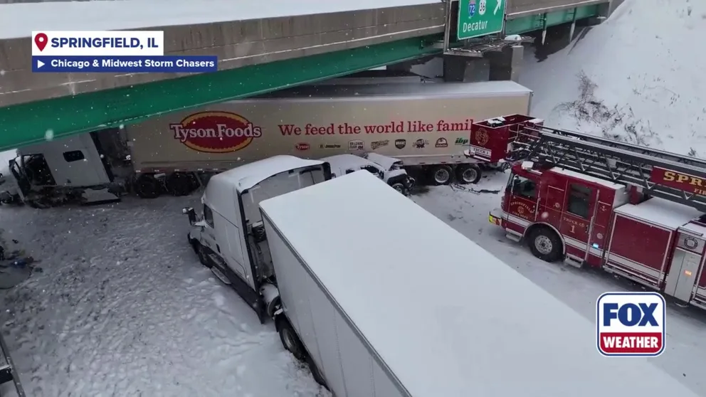 Video from Springfield, Illinois from Saturday shows a multi-truck pileup along Interstate 55 as a powerful cross-country snowstorm drops heavy snow across the Midwest before charging into the Northeast tonight.