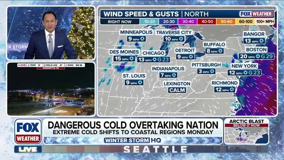 The coldest air of the season is blanketing the Midwest, Northeast, and Southeast, with dangerous low temperatures. More than 50 million people can expect to see single-digit wind chill temperatures Monday.