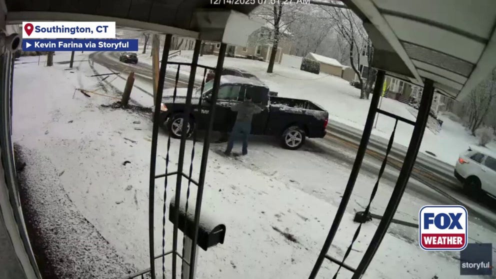 Extreme cold followed this weekend’s powerful snowstorm, leaving icy roads in Southington, Connecticut, causing a driver to lose control and crash into a pole Dec. 14. A local resident captured the footage and said the driver was able to get out of the truck and walk to the ambulance for evaluation.