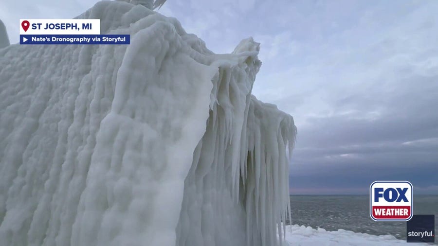 Eerie sight: Bitter cold transforms Michigan lighthouse into 'ice monster'
