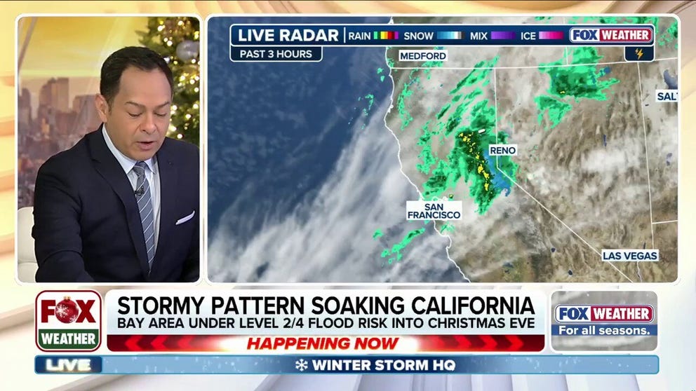 Multiple rounds of rain will soak Northern and Southern California through Christmas week. The latest atmospheric river is blasting the northern part of the state, dropping almost a foot of rain in some places. At least 1 person was killed amid the flooding in Redding, according to the city's mayor. Heavy rain will persist through Monday over Northern California, including San Francisco and Sacramento. The heaviest rain will shift to Southern California by midweek, just in time for Christmas Eve, as an area of low pressure develops off the California coast.