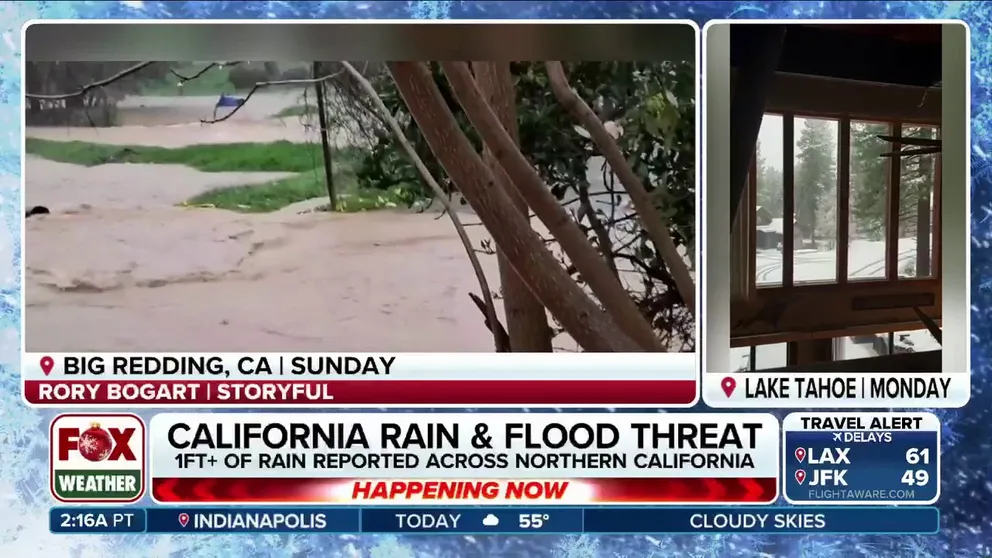 A Level 2 out of 4 flash flood threat remains for Northern California through Tuesday, as the first of a series of storms begins to pick up where this weekend's atmospheric river left off. It is forecast to come ashore and bring heavy rain and powerful wind gusts beginning Tuesday afternoon. San Francisco and Sacramento are under the Level 2 flash flood threat. Almost the entire California coast is under a Wind Alert through Thursday. A Flood Watch is also in effect across most of the state through Friday.