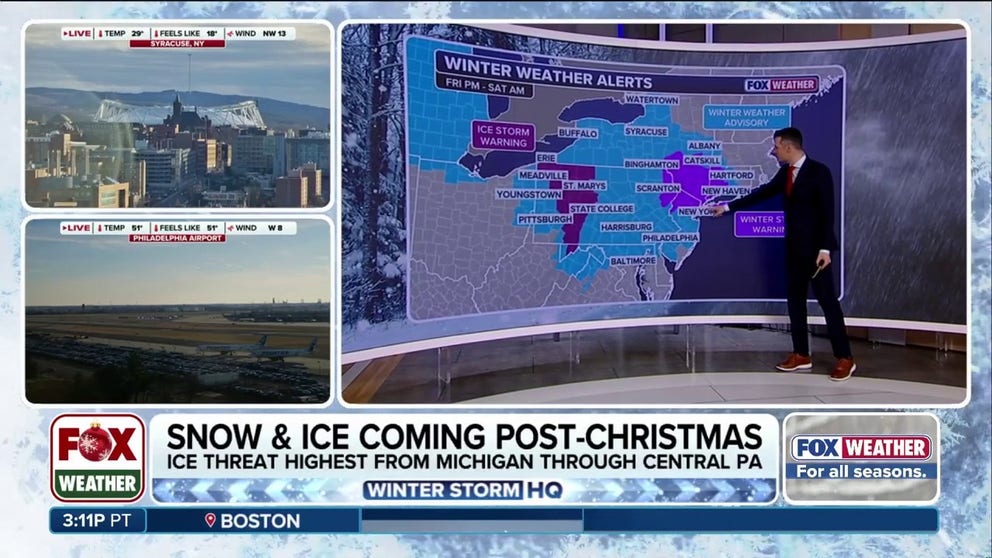 A quick but impactful shot of snow and ice will blast through the Northeast Friday into early Saturday and significantly impact post-Christmas travel, as over 60 million Americans face winter weather alerts from Philadelphia through New York City. FOX Weather Meteorologist Ian Oliver breaks down the storm that could throw a wrench in your post-Christmas travel plans.