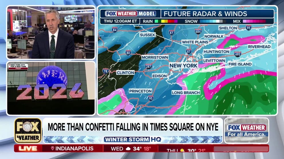 A fast-moving clipper system will move into the Northeast on Wednesday, possibly delivering some light snowflakes for New York City's New Year's Eve celebrations. If the snow does fall, it'll hit just around midnight and will be quick to move out. Heavier snow is possible across the Great Lakes and other parts of the Northeast.