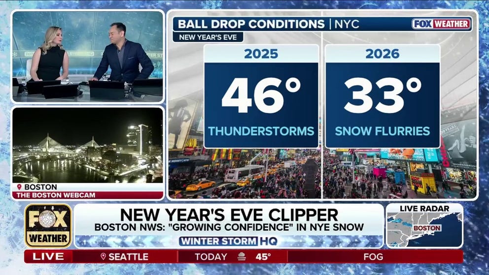 A fast-moving clipper could bring some light snowflakes to New York City and Boston to ring in the new year. Temperatures will be chilly and Boston NWS has 