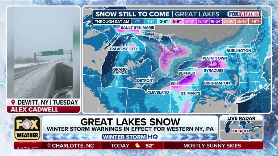 Lake-effect snow breaks records in Syracuse, New York, as more is set to slam the Great Lakes today