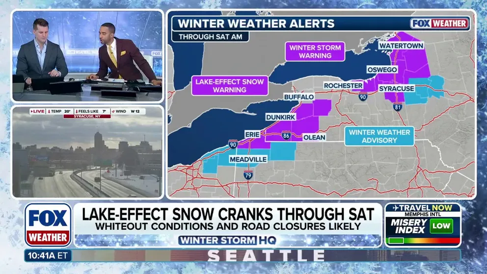 More lake-effect snow is expected through Saturday in New York and Pennsylvania. The areas off Lake Ontario are expected to see the most snow over the next day. Winter Storm Warnings are in effect throughout upstate New York along the shores through Saturday. 