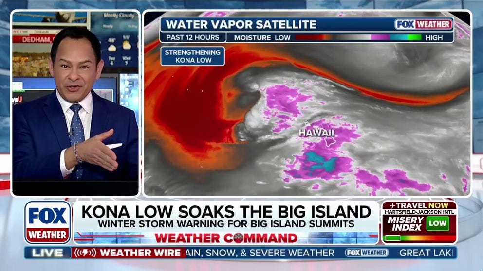 An area of low pressure is just northwest of Hawaii, bringing rounds of heavy rain across the state. A Flood Watch remains in effect through Monday afternoon. The greatest risk for heavy, prolonged rain continues across southeast to south-facing mountain slopes of the Big Island and Maui County. A Winter Storm Warning is in effect for the Big Island summits through early Tuesday morning.