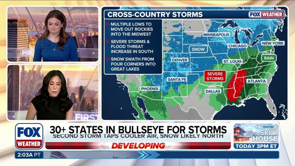 Back-to-back cross-country storms will develop and push from the Four Corners into the Midwest, in quick succession, beginning Thursday bringing rounds of heavy rain and severe storms across the Central and southeastern US. Severe weather is possible ahead of the first of these storms Wednesday across parts of Oklahoma and Texas. Meanwhile, the threat increases and shifts east on Friday, covering more than 8 million people across portions of northeastern Louisiana, Mississippi, and western Tennessee. Days of heavy rain are expected across the Midwest as well as the Ohio, Tennessee and Mississippi valleys.