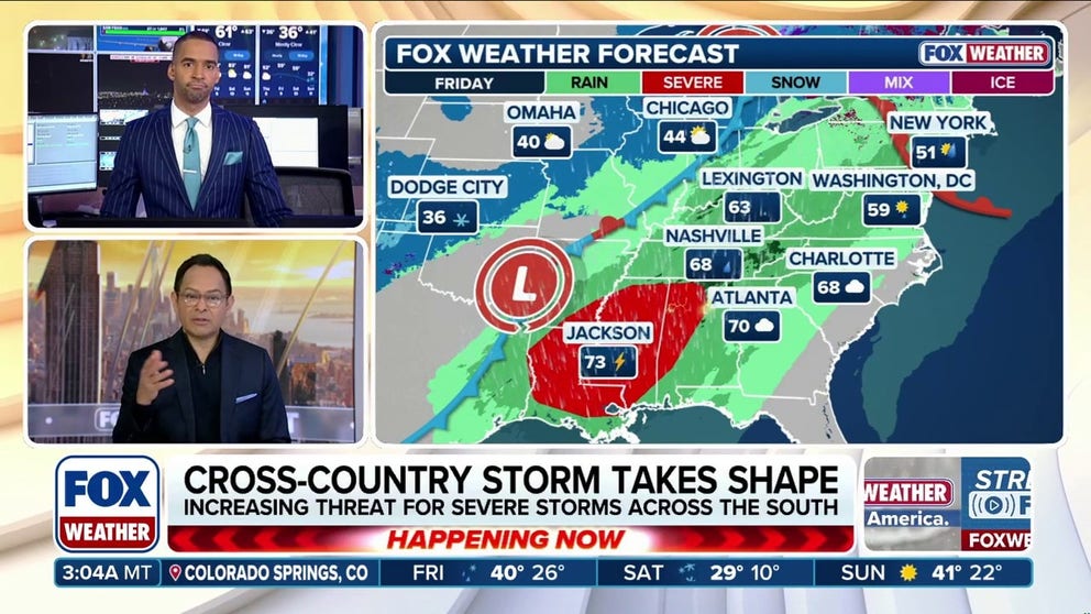 The first of two cross-country storm systems is moving out of the Four Corners region and pushing east, which will bring rain to millions across roughly 30 states, as well as a severe weather threat for parts of the Mid and Lower Mississippi Valley and a flood threat for the Southeast. This first storm is bringing rain to parts of the Central and Southern Plains Thursday morning, including Kansas, Oklahoma and the Texas Panhandle. Severe storms will be possible Thursday across the Mississippi River Valley from St. Louis to Oklahoma City and as far south as Monroe, Louisiana. As these storms move east, the severe weather threat will intensify across the Deep South Friday while rain will reach the mid-Atlantic and Northeast, the beginning of a possible weekend washout.