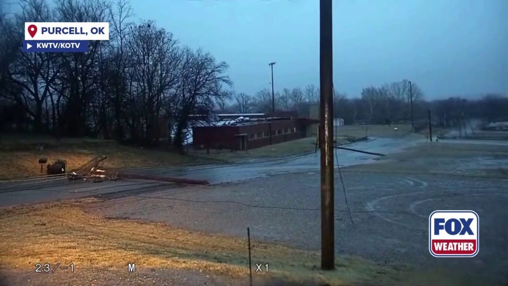 A radar-confirmed tornado ripped across Interstate 35 and part of Purcell, Oklahoma Thursday morning, knocking down power lines as a powerful line of thunderstorms barreled their way across the Southern Plains. No one was injured, but western parts of the city were damaged, Purcell Police told FOX Weather.
