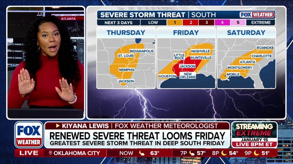 FOX Weather Meteorologist Kiyana Lewis analyzes a terrible  tempest  menace  that has millions successful  the South arsenic  aggregate  rounds of terrible  storms are apt  Friday. 