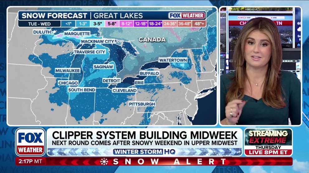 The clipper system will primarily bring rain, but colder air will follow, fueling intense snow showers across the Great Lakes. As the cold front pushes east, it will usher in an influx of cold air, jumpstarting the next winter storm across the Eastern U.S.