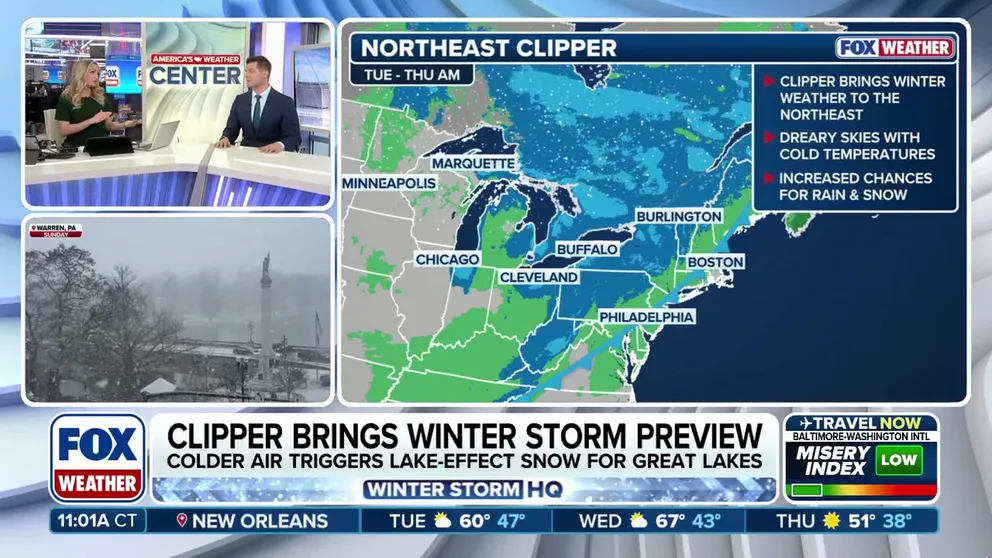 A strong clipper system moving through the Canadian provinces will swing across the Great Lakes, bringing primarily rain at first, followed by colder air that will fuel intense snow showers. This system will set the stage for the next winter storm across the Eastern U.S.