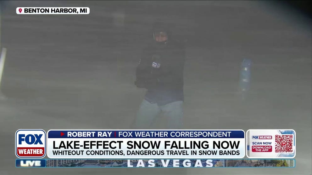 Lake-effect snow is creating whiteout conditions in Benton Harbor along Lake Michigan. FOX Weather Correspondent Robert Ray is out in the storm as blowing snow and gusty winds make for a dangerous situation.