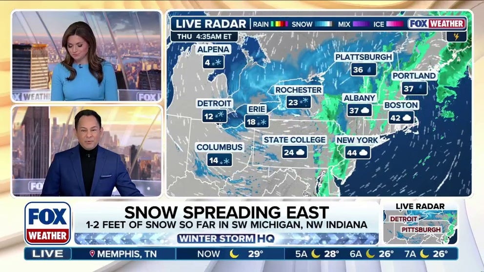 Bands of lake-effect snow are intensifying across parts of western New York and Ohio after creating whiteout travel conditions along the southern shores of Lake Michigan, while snow earlier Wednesday delayed thousands of flights into and out of the Midwest. Periods of whiteout driving conditions are possible through Thursday morning across the Great Lakes.