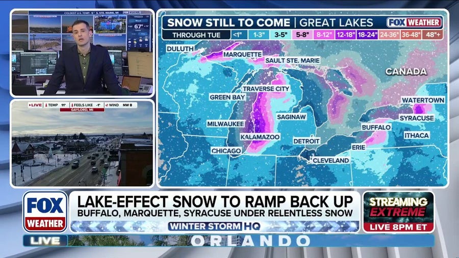Lake-effect snow ramping back up for Great Lakes, with feet of snow possible