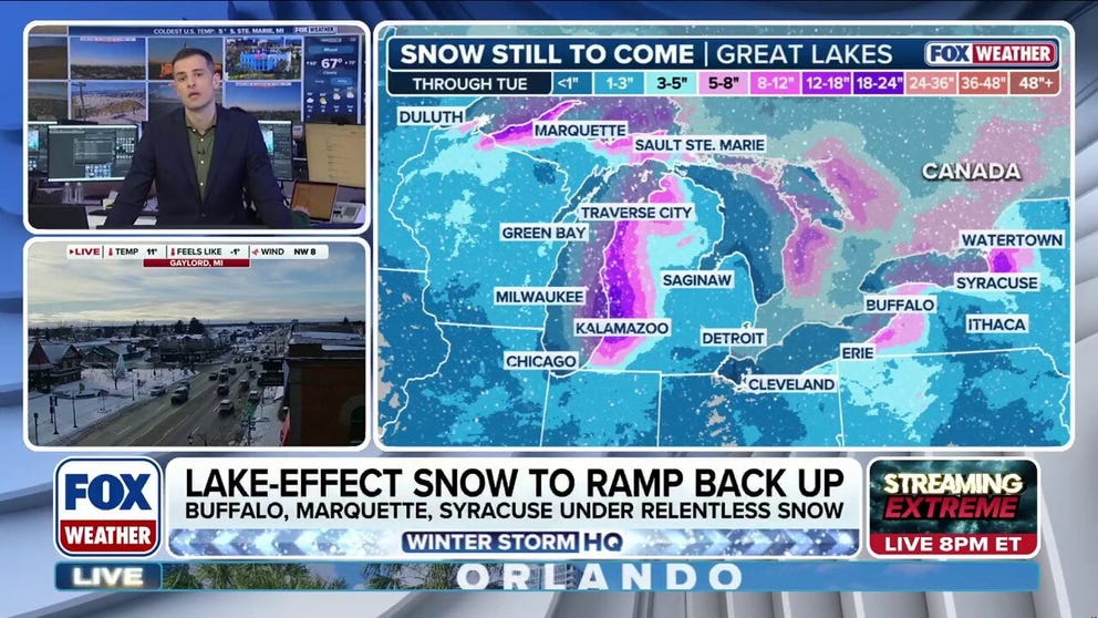 Rounds of lake-effect snow are pummeling the Great Lakes, with several inches already fallen in the usual heavy-hit areas along the shores of Lake Michigan and Lake Erie. Portions of the Great Lakes, particularly around the eastern shores of Lake Michigan, could see up to two feet of snow by Tuesday's end. 