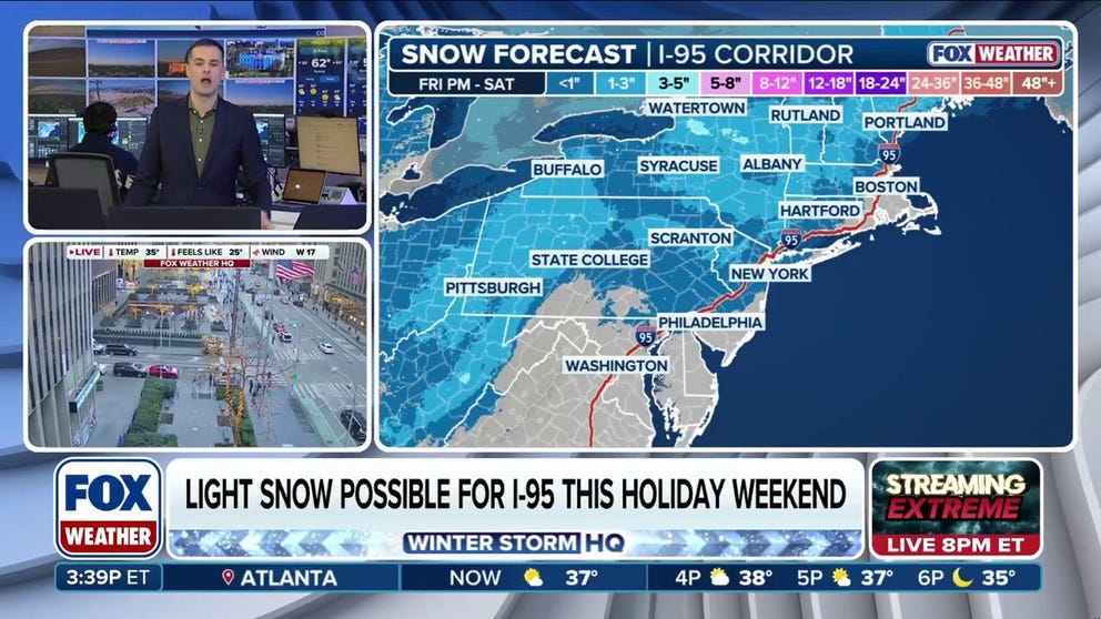 Holiday weekend snow could brush the I-95 corridor Friday night into Saturday morning. FOX Weather Meteorologist Ian Oliver breaks down the forecast as multiple chances of light snow are possible from Washington D.C. north to Boston through this weekend and into Martin Luther King Jr. Day. 