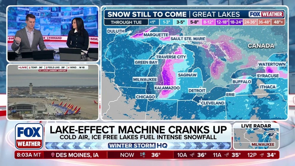 Rounds of winter weather from Canada will swing through the Upper Midwest and Great Lakes this weekend and are expected to bring more than a foot of accumulation to the Great Lakes snowbelts. The Interstate 96 corridor in western Michigan and the Interstate 90 and 81 corridors in western New York are once again under the gun of the lake-effect snow machine through next Tuesday.
