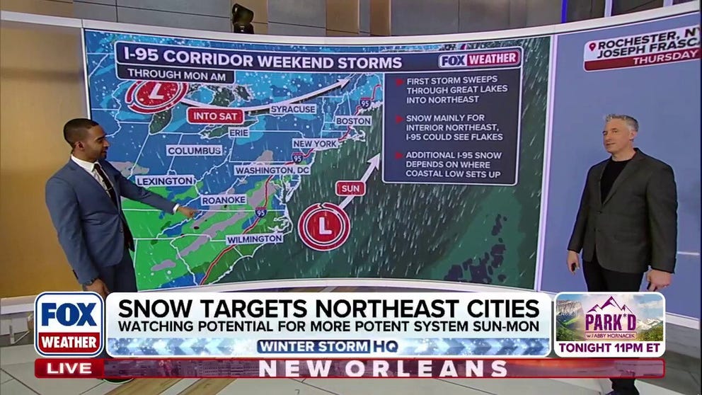 Though many portions of the densely populated Interstate 95 corridor are seeing below average snow totals this winter, two separate systems could bring snow from Virginia to Massachusetts through this weekend and into Martin Luther King Jr. Day. While traditional computer forecast models are showing less snow across the East Coast Sunday, AI-driven models are confident that a stronger system will develop off the Northeast coast and bring widespread snow to the I-95 corridor.