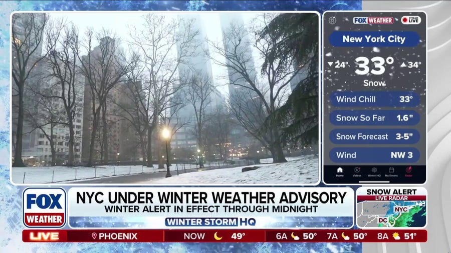 Snow starts falling in New York City