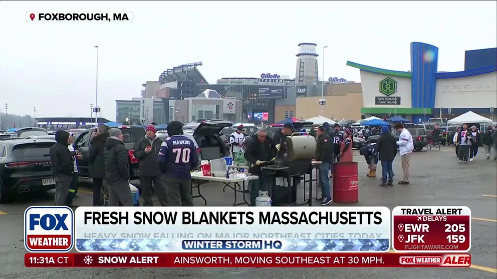 Snow is falling at Gillette Stadium in Foxborough, Massachusetts, ahead of the New England Patriots vs. Houston Texans playoff game. FOX Weather's Katie Byrne is live with the latest as up to 6 inches of snow is possible in the Boston area.