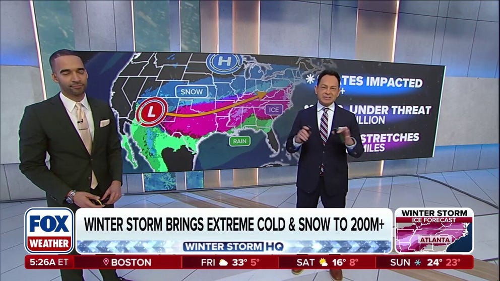 More than 200 million people across more than 35 states, from New Mexico to New York, are in the path of a potentially historic winter storm that's expected to extend over 2,000 miles and deliver crippling snow and ice, beginning Friday. A trailing blast of Arctic air associated with the polar vortex is expected to bring a dangerous re-freeze that could create long-duration power outages and paralyze travel for days.