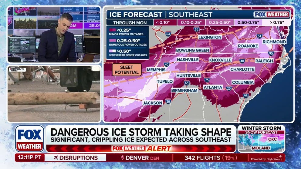 A dangerous ice storm takes shape in the South threatening widespread power outages for millions of Americans for several days and major travel concerns. Ice Storm Warnings have expanded across the region, including in Charlotte, Raleigh, Memphis, Greenville and a mass of areas in the South. FOX Weather Meteorologist analyzes the potentially catastrophic threat forecast to bring dangerous winter weather to millions in the region. 