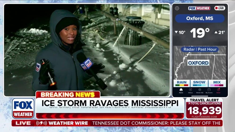 A crippling ice storm ravaged Mississippi leading to widespread power outages and downed trees across the state. FOX Weather Correspondent Brandy Campbell is live from Oxford, Mississippi, where a shelter in place has been ordered as power crews struggle to restore service. 