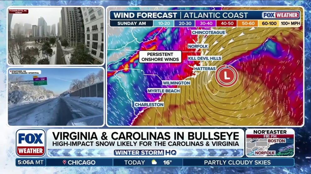 Six states are under Winter Storm Watches as a powerful nor'easter has its sights set on the East Coast, with the potential to 'bomb' out. The Carolinas and Virginia are falling in the bullseye with high-impact snow likely for the areas. The system could also bring winds up to 70 mph and dangerous coastal flooding for the Outerbanks.
